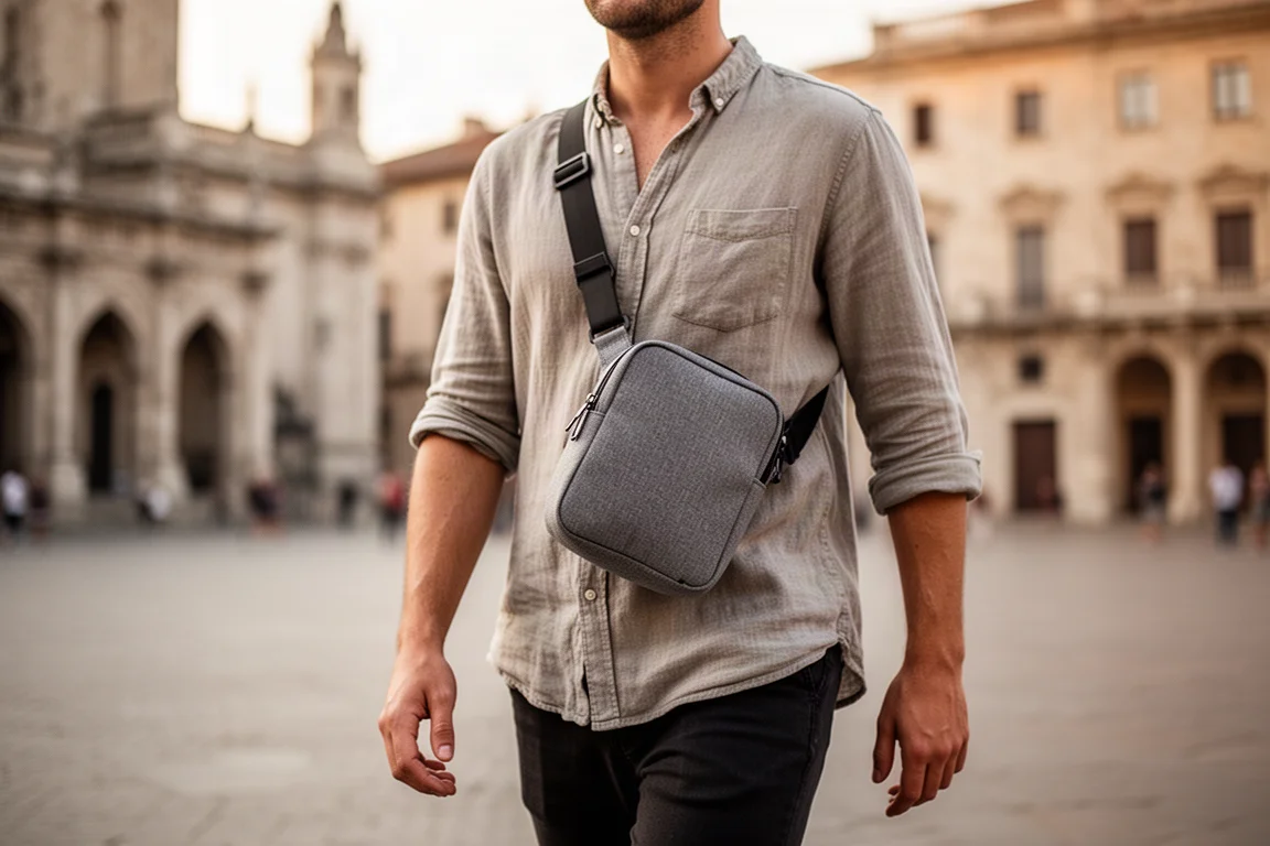 Petite pochette sling portée en bandoulière sur une place de ville pendant un voyage