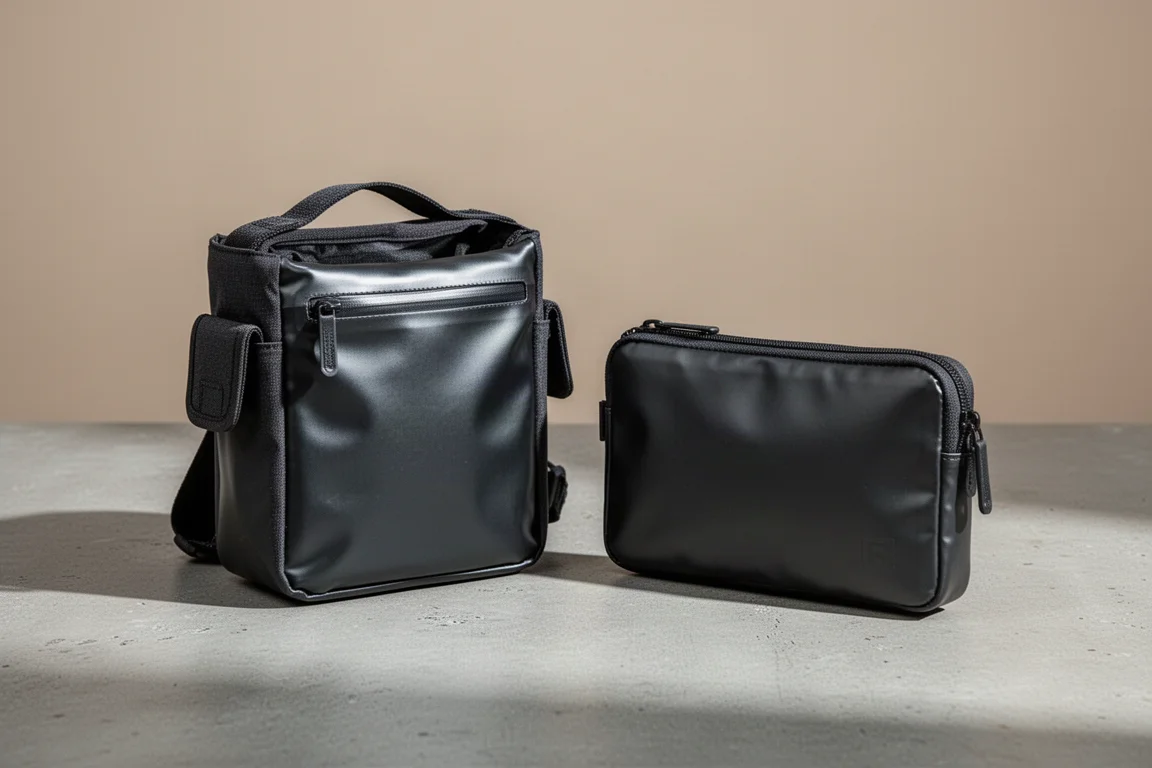 Marsupi Alpaka Modular Sling e Zip Clutch affiancati su cemento