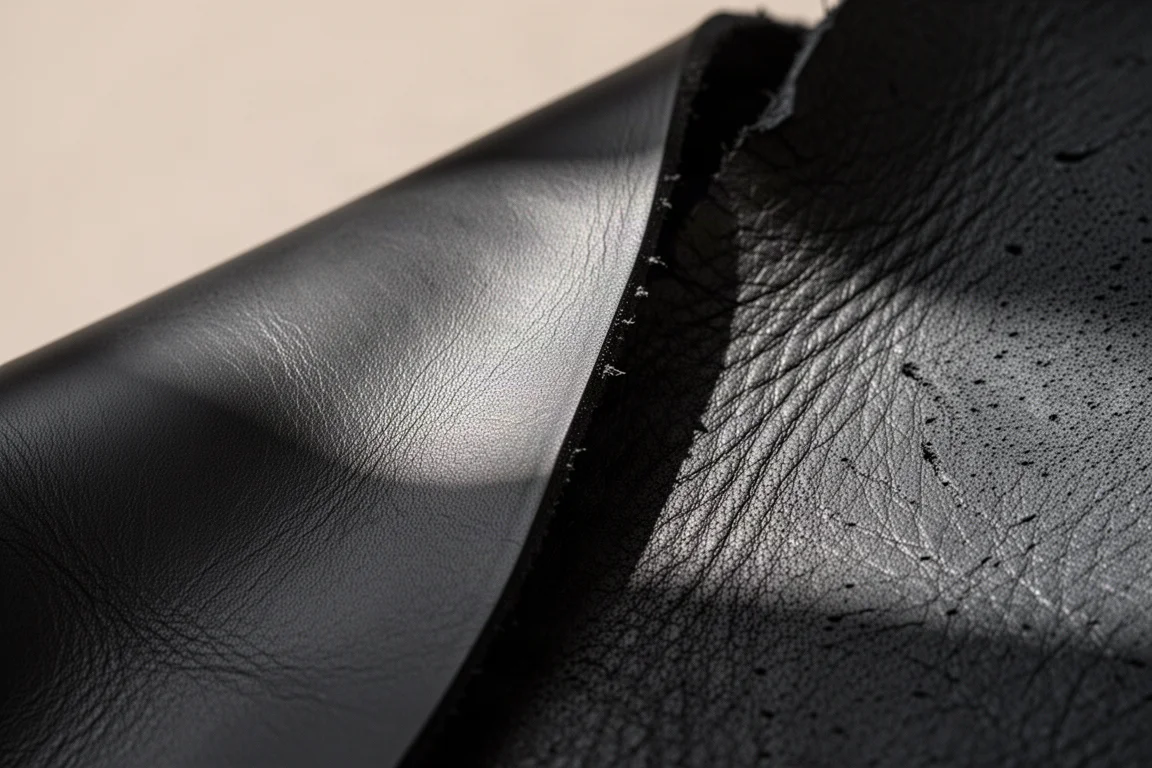 Close-up of black vegetable tan leather wallet showing grain and finished interior