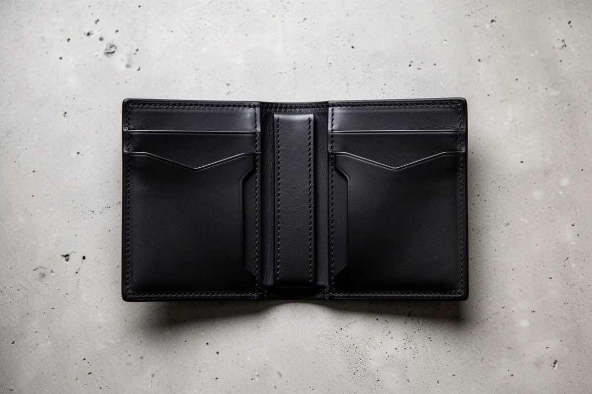Wallet interior open with two card pockets and a central leather sheath