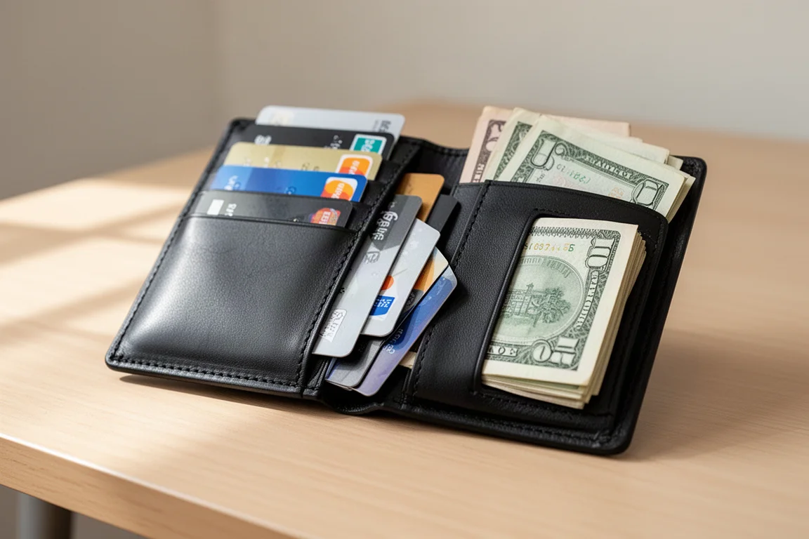Fully loaded wallet with cards and folded bills inserted