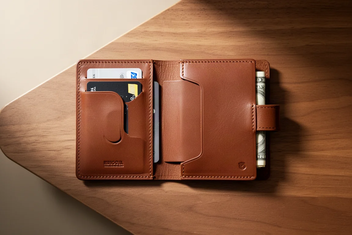 Billetera minimalista de cuero abierta sobre un escritorio mostrando los bolsillos para tarjetas y la ranura para el pulgar