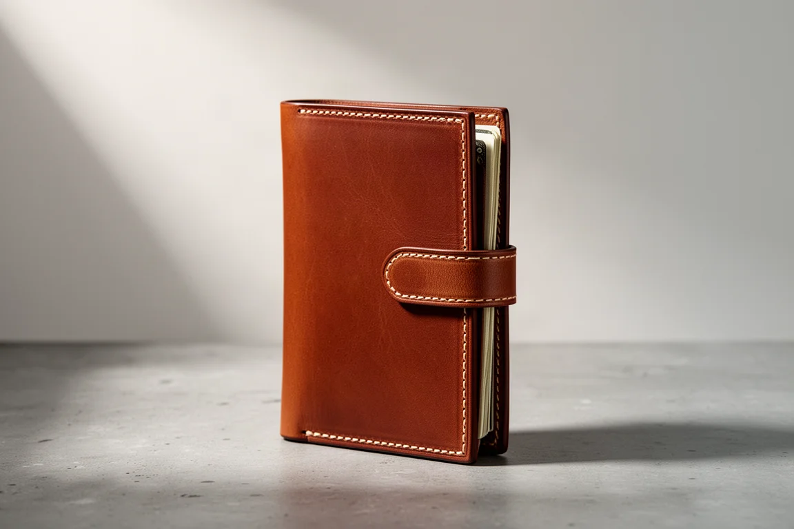 Portafoglio in pelle minimalista marrone intenso con chiusura a linguetta e fascia per contanti su cemento