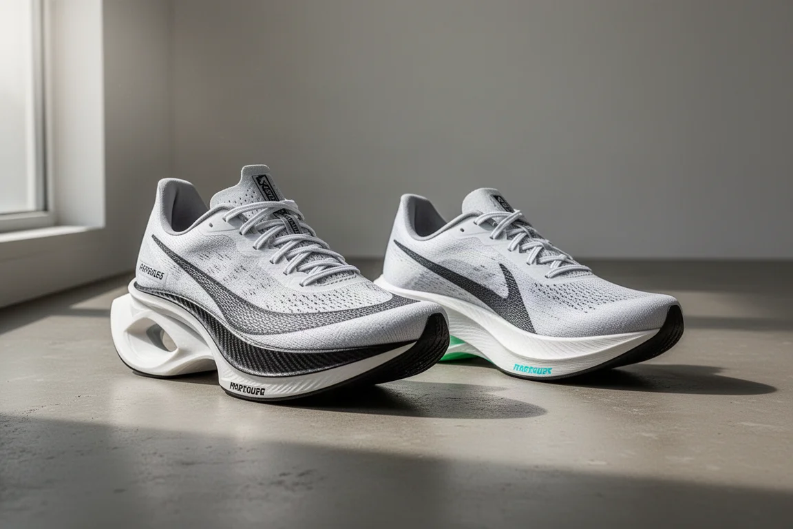 Two carbon-plated racing shoes side by side on a concrete surface