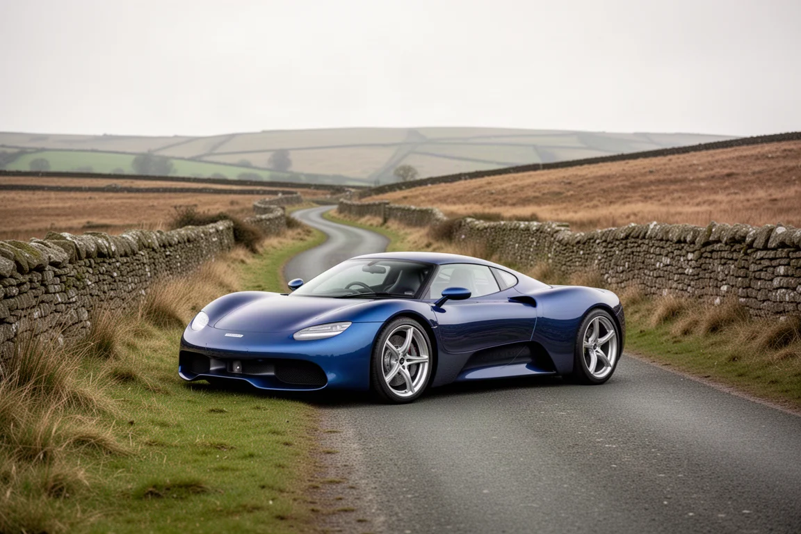 Sports car compatta blu parcheggiata su una tranquilla strada di campagna tortuosa
