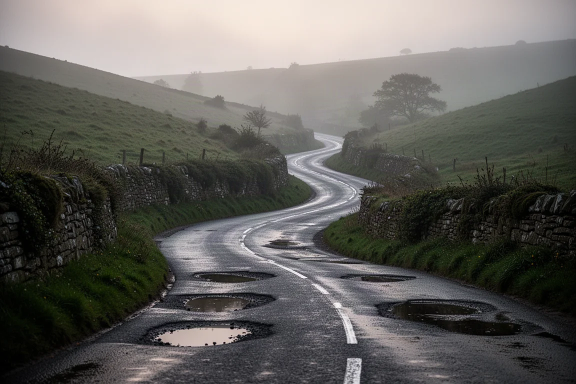 Strada di campagna britannica tortuosa che sale tra colline avvolte nella nebbia
