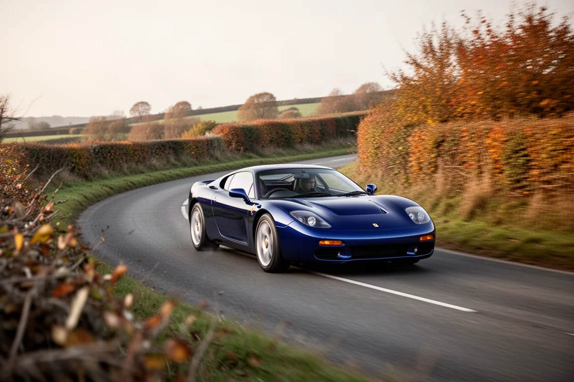 Sports car compatta che scorre in velocità in una curva a sinistra