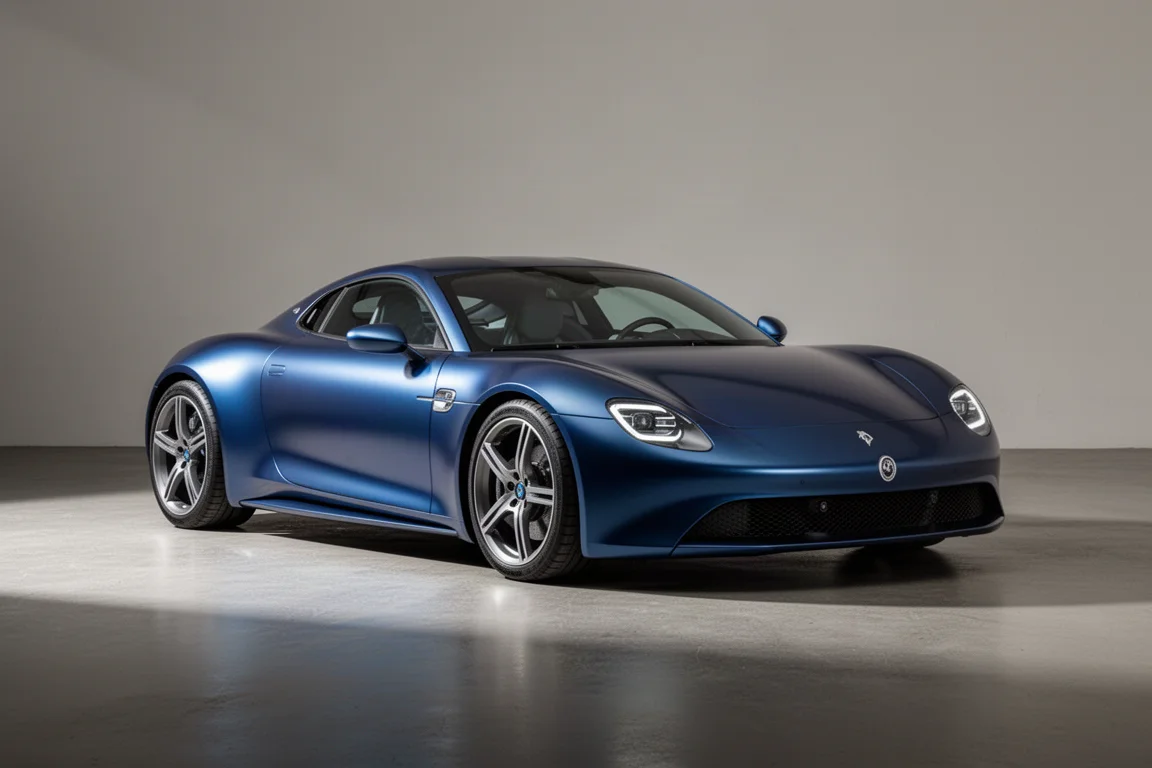 Deep blue Alpine A110 sports car parked on matte concrete in soft studio light