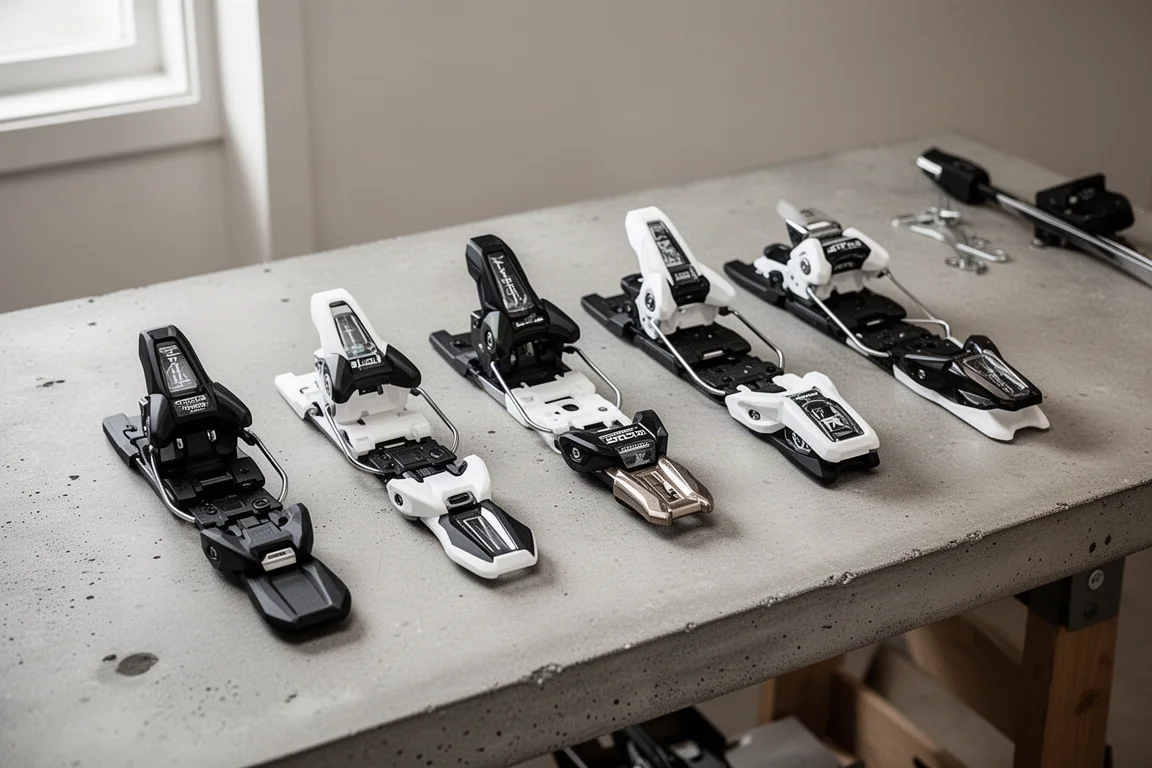 Alpine ski bindings laid out on a workbench for comparison