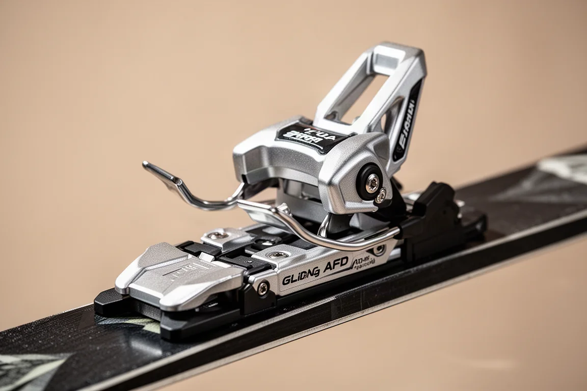 Close-up of a ski binding toe piece with metal wings and AFD plate