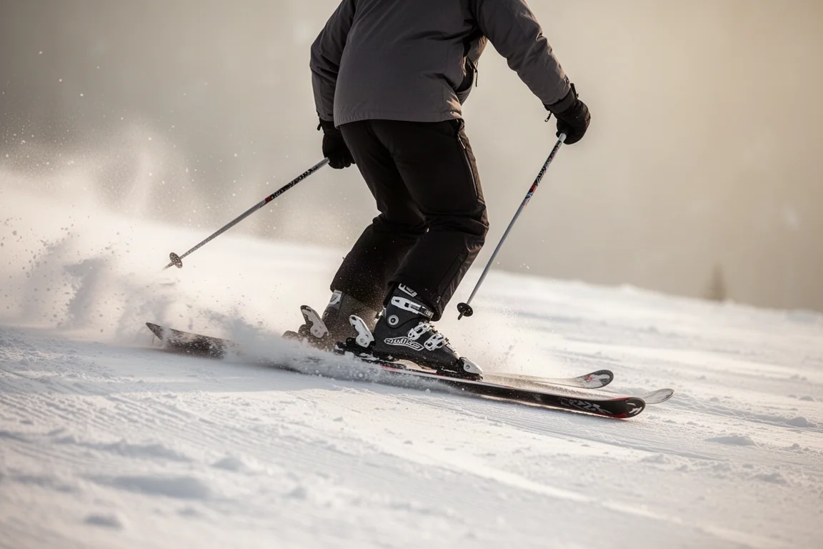 Skier carving on a groomed slope with bindings visible