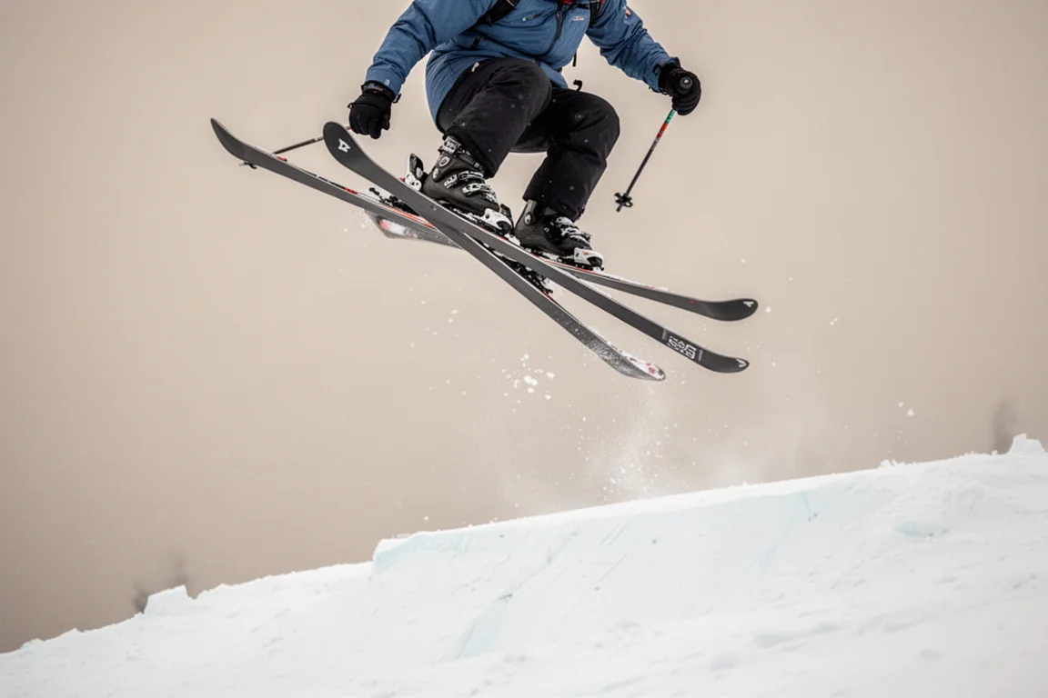 Freeride skier landing a jump with durable ski bindings
