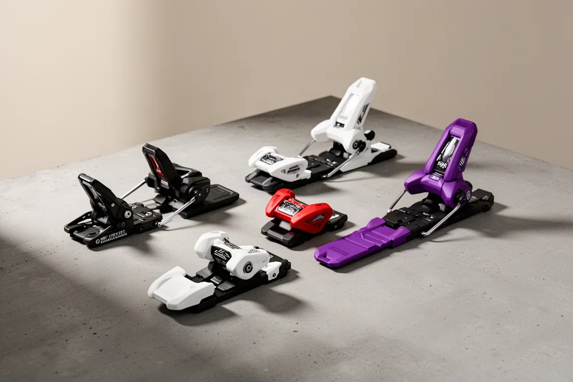Collection of alpine ski bindings on a matte concrete surface
