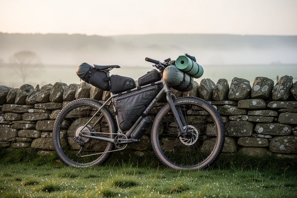 Beladenes Bikepacking-Rad lehnt bei Sonnenaufgang an einer Steinmauer, kleiner Zeltbeutel am Lenker
