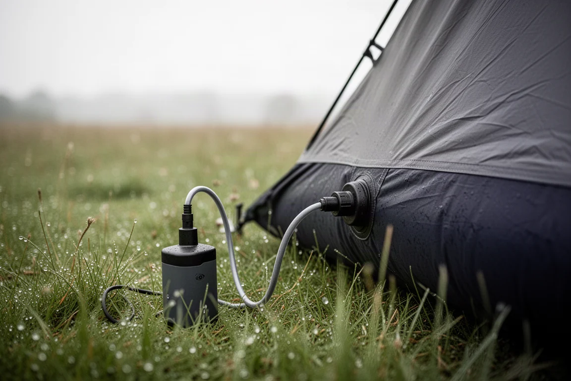 Nahaufnahme einer kleinen elektrischen Pumpe am Ventil des Luftschlauchs eines Zeltes auf Gras