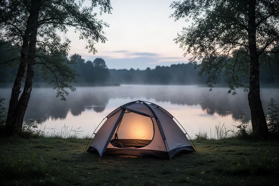 Kleines Ein-Personen-Zelt auf geschütztem Gras neben einem See in der Abenddämmerung