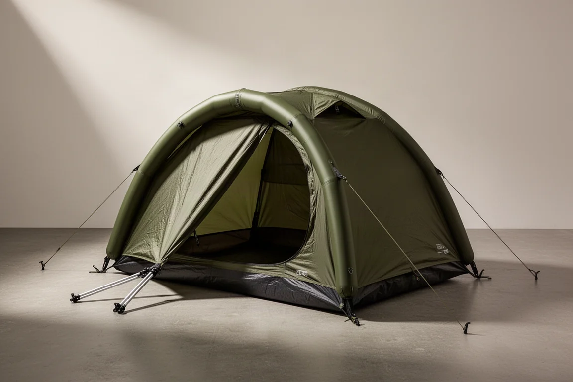 Low-profile one-person inflatable backpacking tent with a curved air beam pitched on concrete