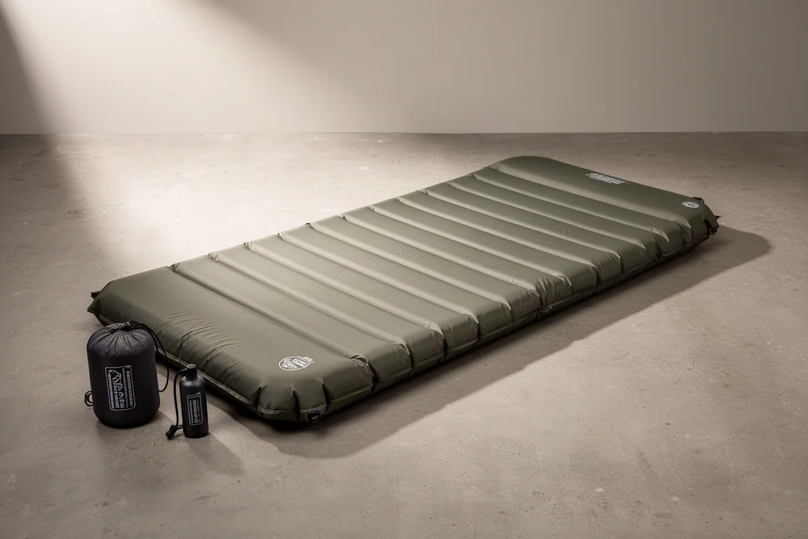 Inflated insulated camping sleeping pad with pump sack on a concrete floor