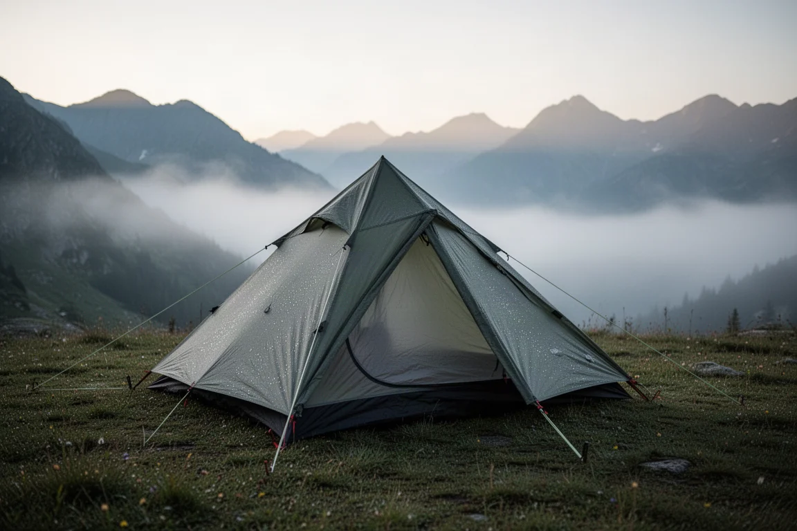 One-person backpacking tent pitched on a misty alpine campsite at first light