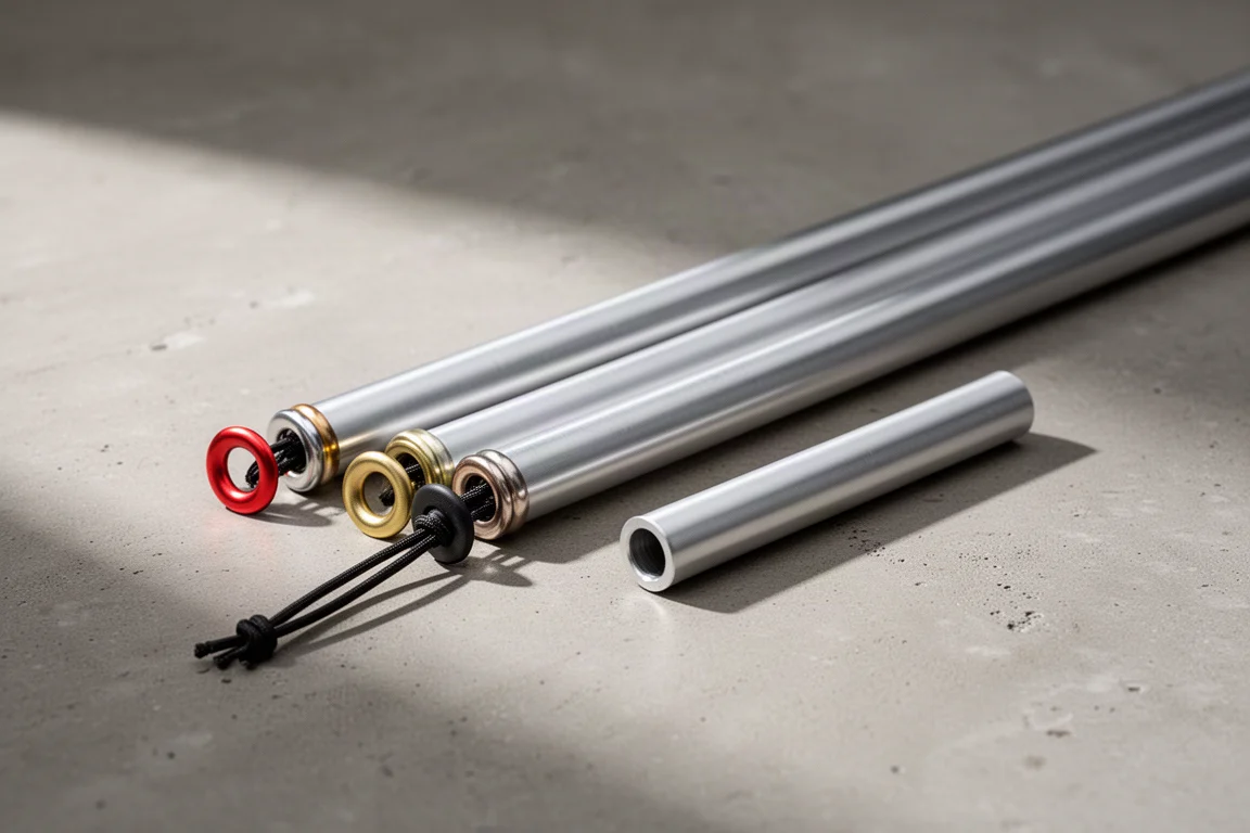 Close-up of aluminum tent pole sections and color-coded grommet ends on concrete