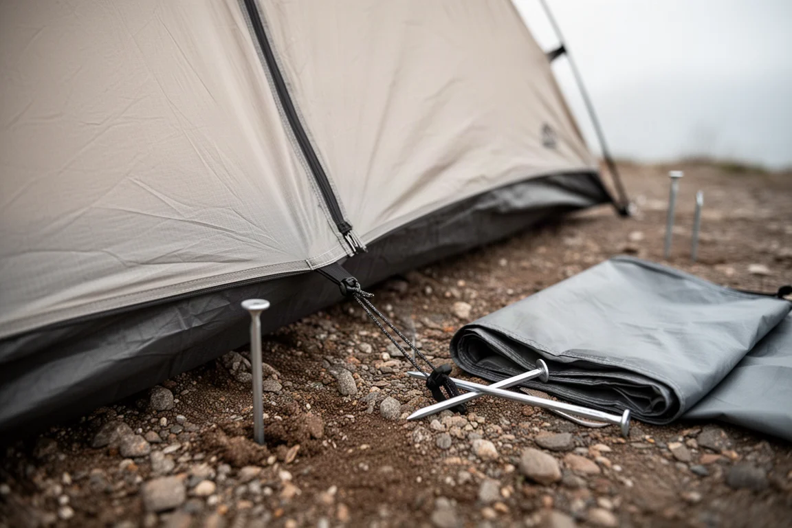 Detail of a thin tent floor edge on gravel with a folded ground sheet nearby