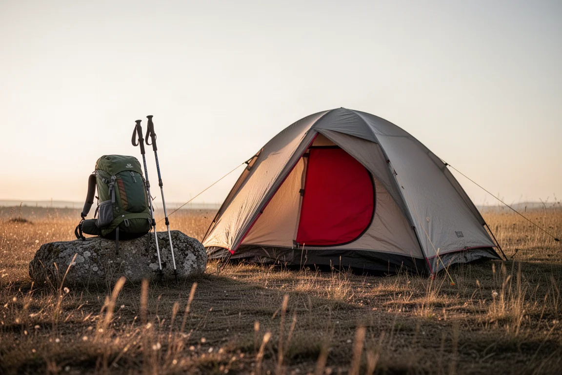 Backpack and trekking poles beside a pitched tent in a meadow at sunrise