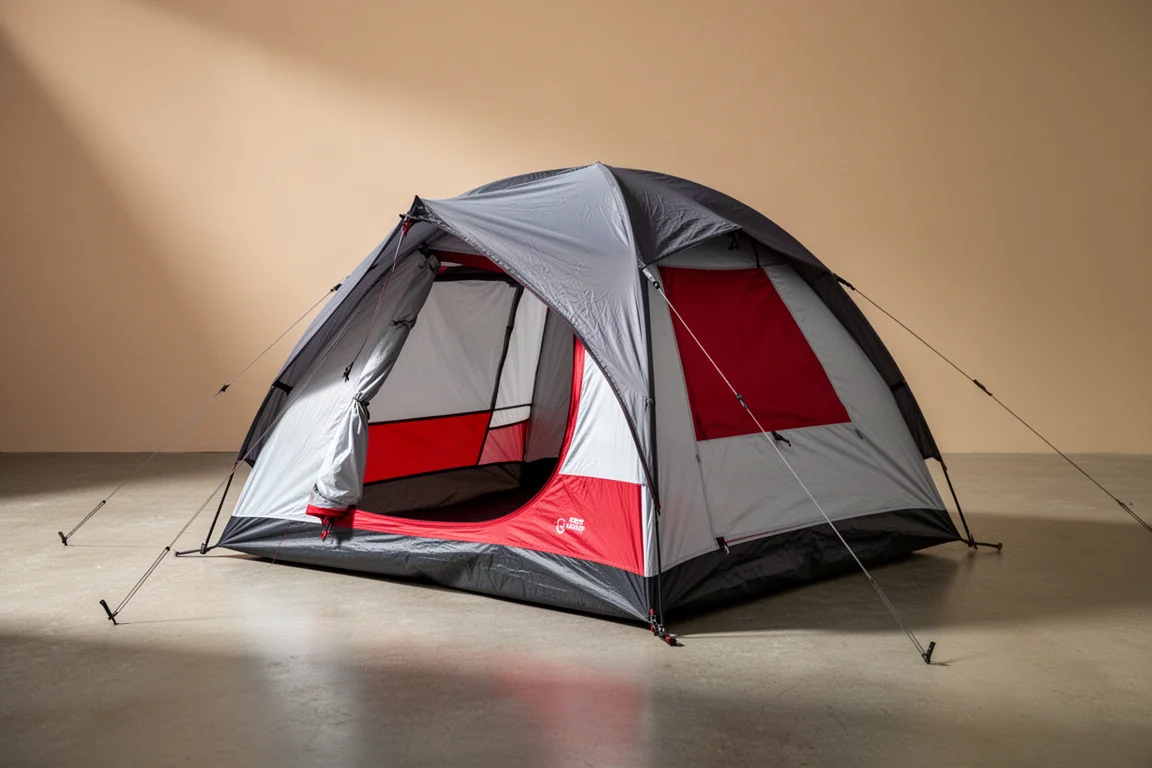 One-person backpacking tent with gray and red panels pitched on a concrete surface