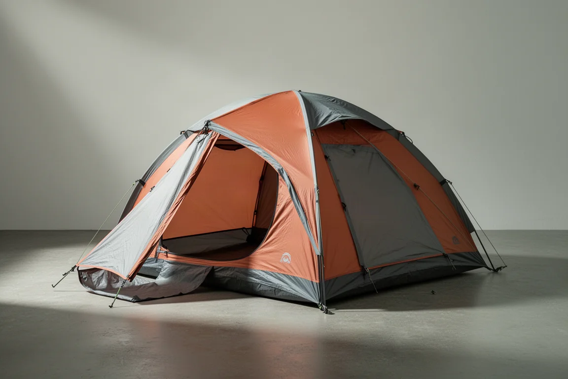 One-person orange and grey dome camping tent pitched on a neutral concrete surface