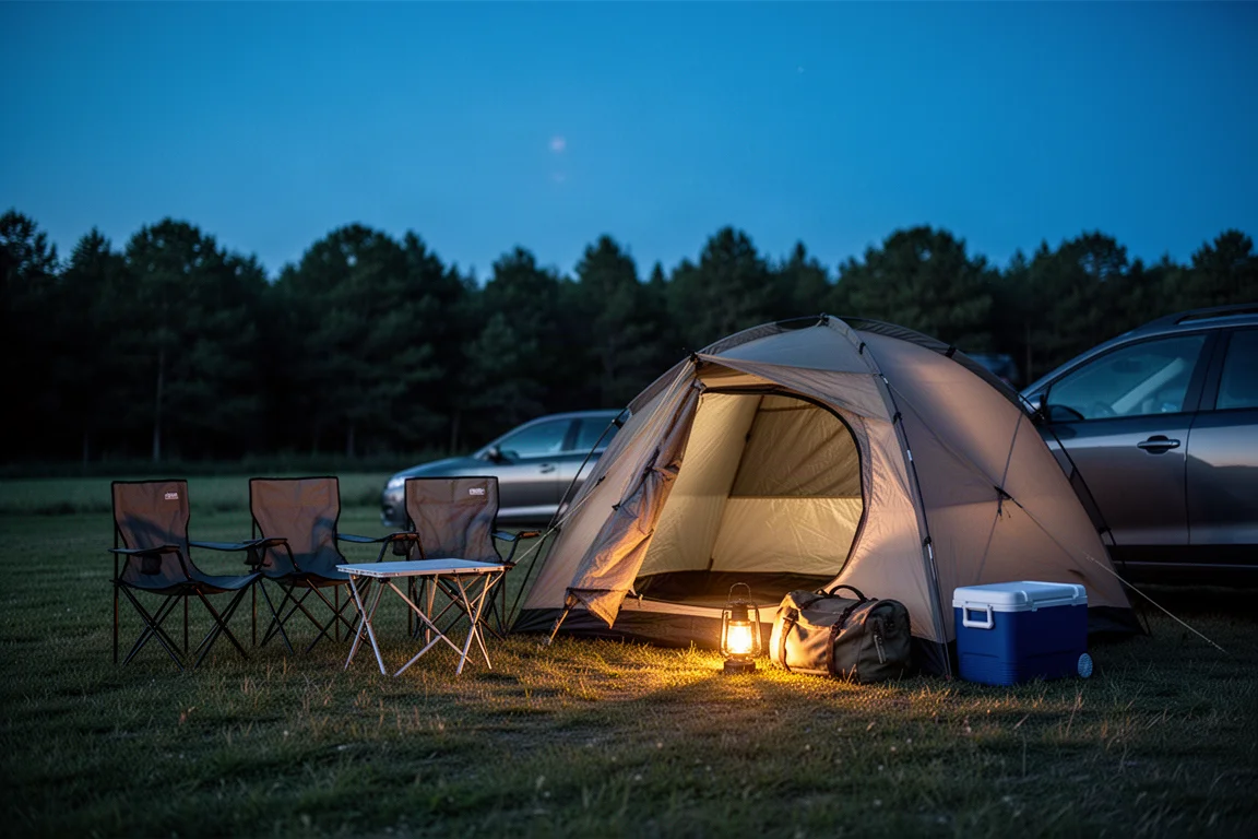 Kupoltält bredvid en bil i skymningen med lykta och campingstolar