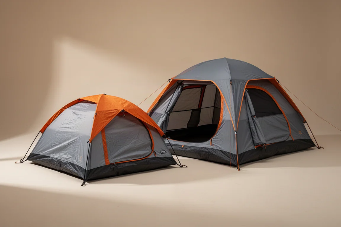 Two dome camping tents pitched side by side on a neutral studio backdrop