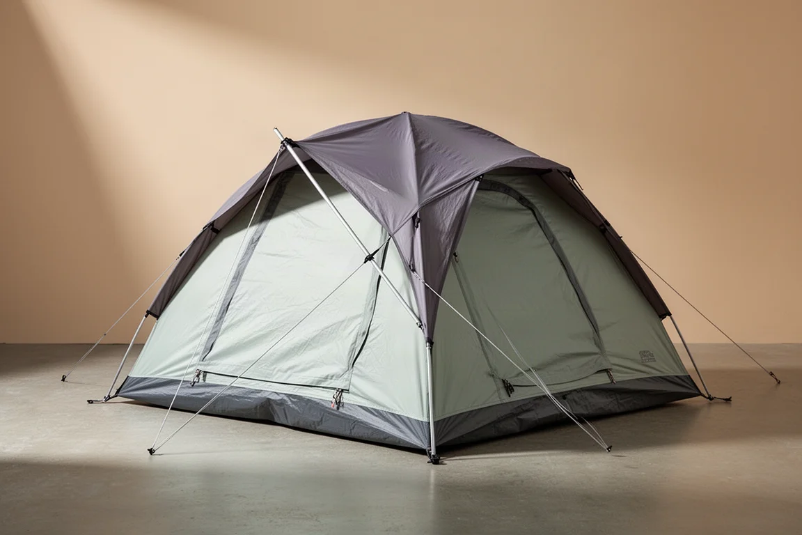 Two-person dome camping tent with grey rainfly pitched on a concrete surface