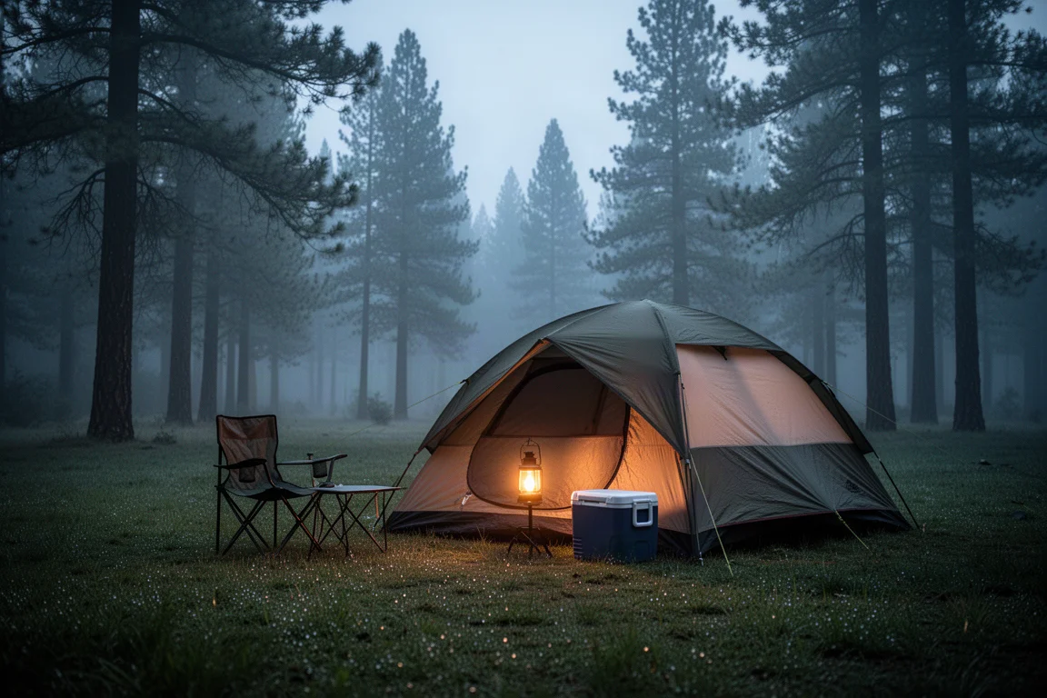 Open plek op de camping in de schemering met een grote koepeltent die van binnen door een lantaarn wordt verlicht