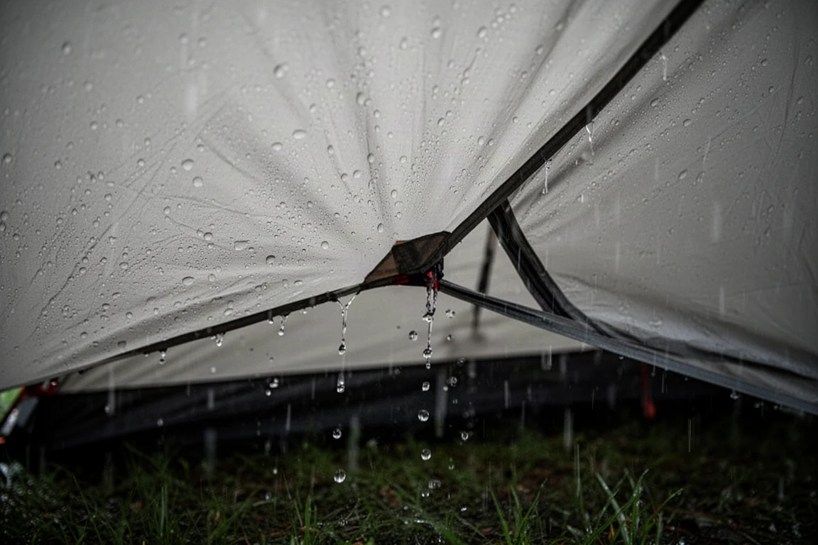 Regen parelt en stroomt langs strak gespannen tentdoek terwijl de regenfly opzij is getrokken