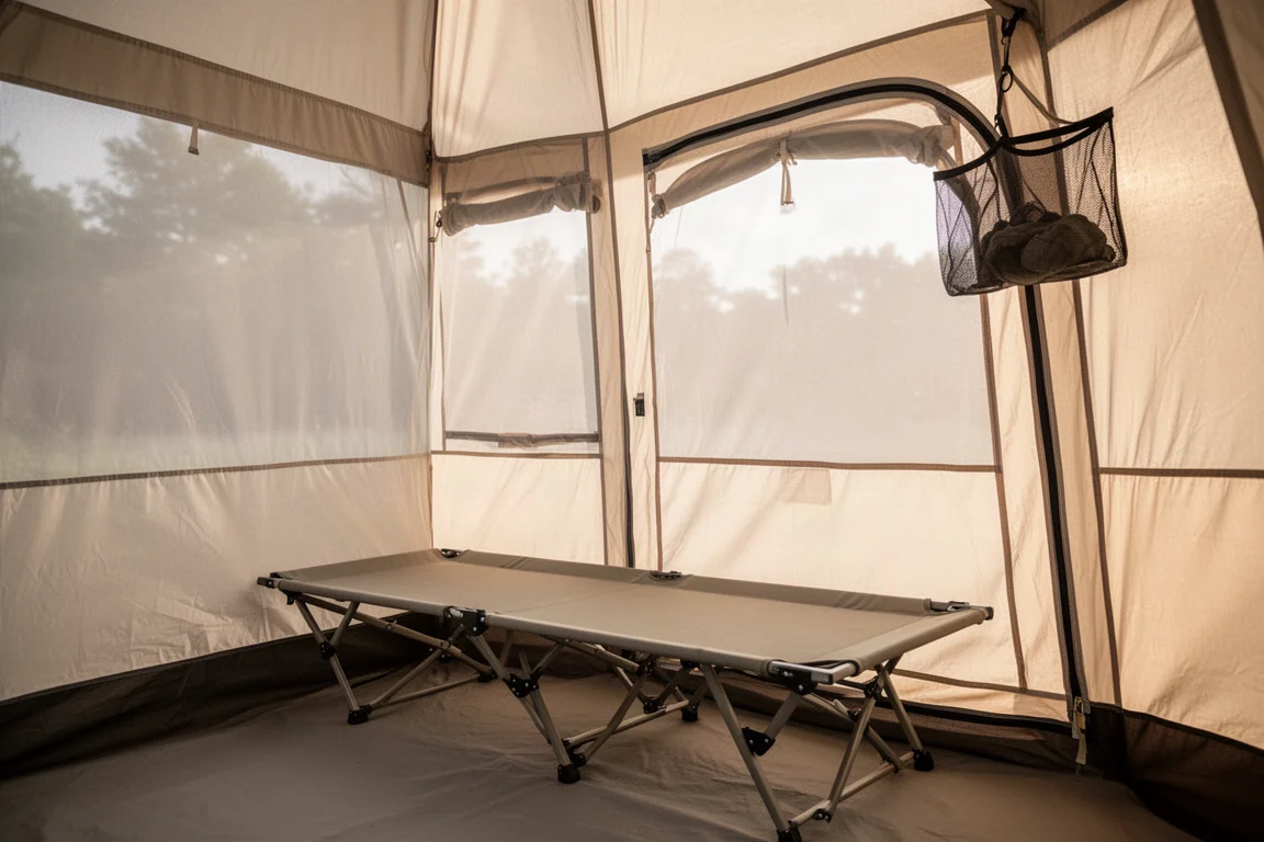 Interno di un'alta tenda da campeggio con un lettino pieghevole e pareti in mesh che brillano nella luce del mattino