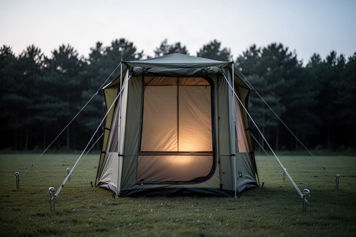 Alta tenda da campeggio squadrata fissata con tiranti sull'erba al crepuscolo con luce calda all'interno