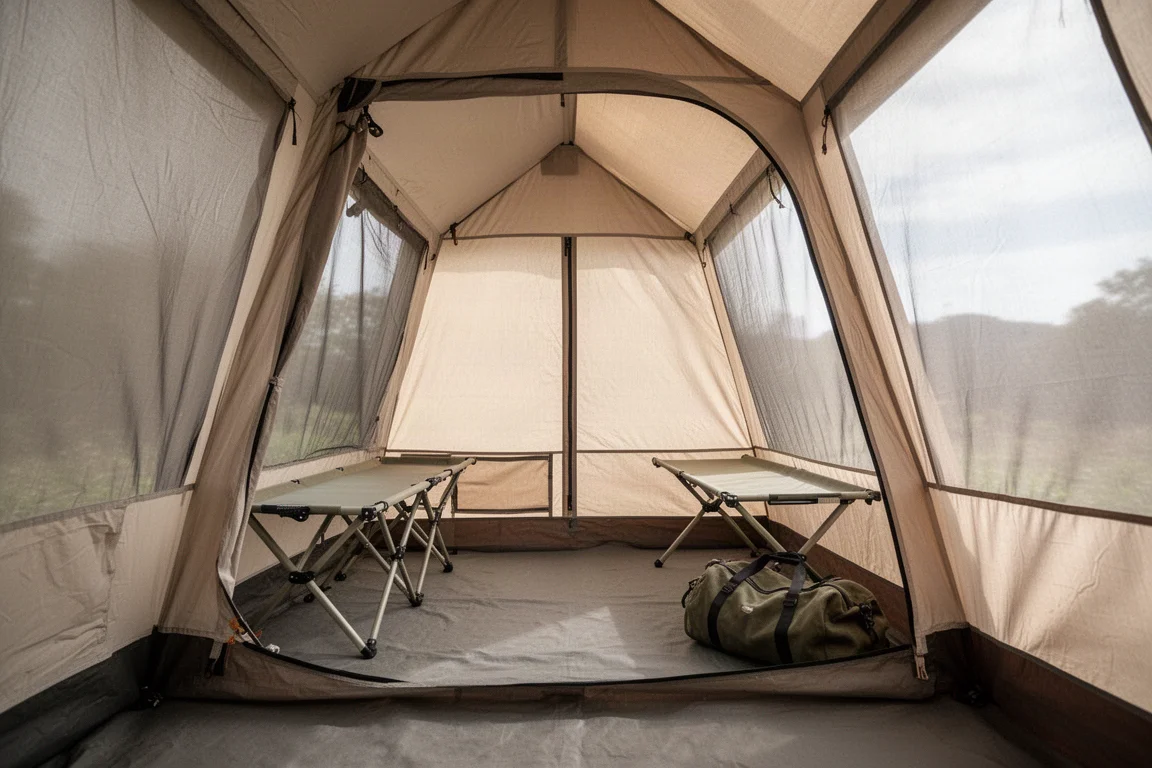 Högt campingtält uppställt i en dimmig skogsglänta i gryningen