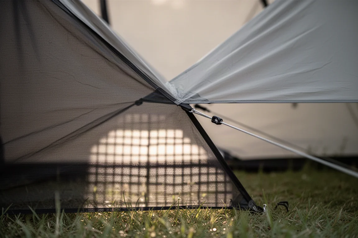Interiör av ett högt tält med campingsäng, sidobord och lykta