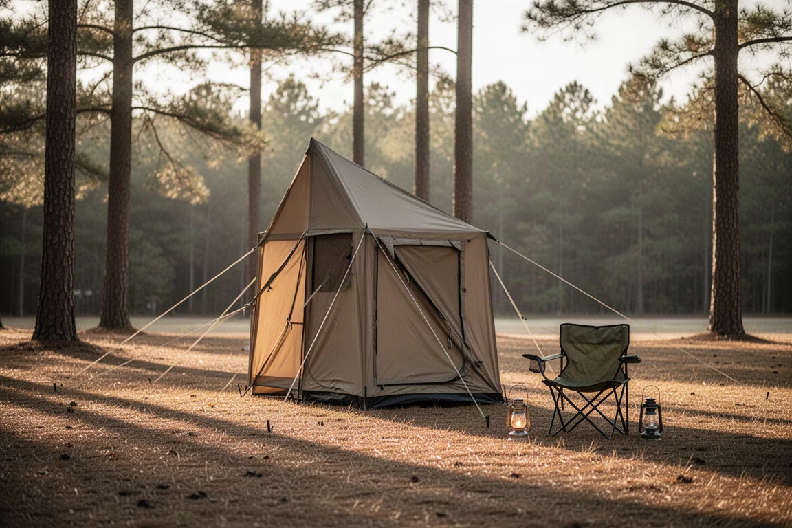 Högt campingtält som lyser inifrån i skymningen med stormlinor förankrade