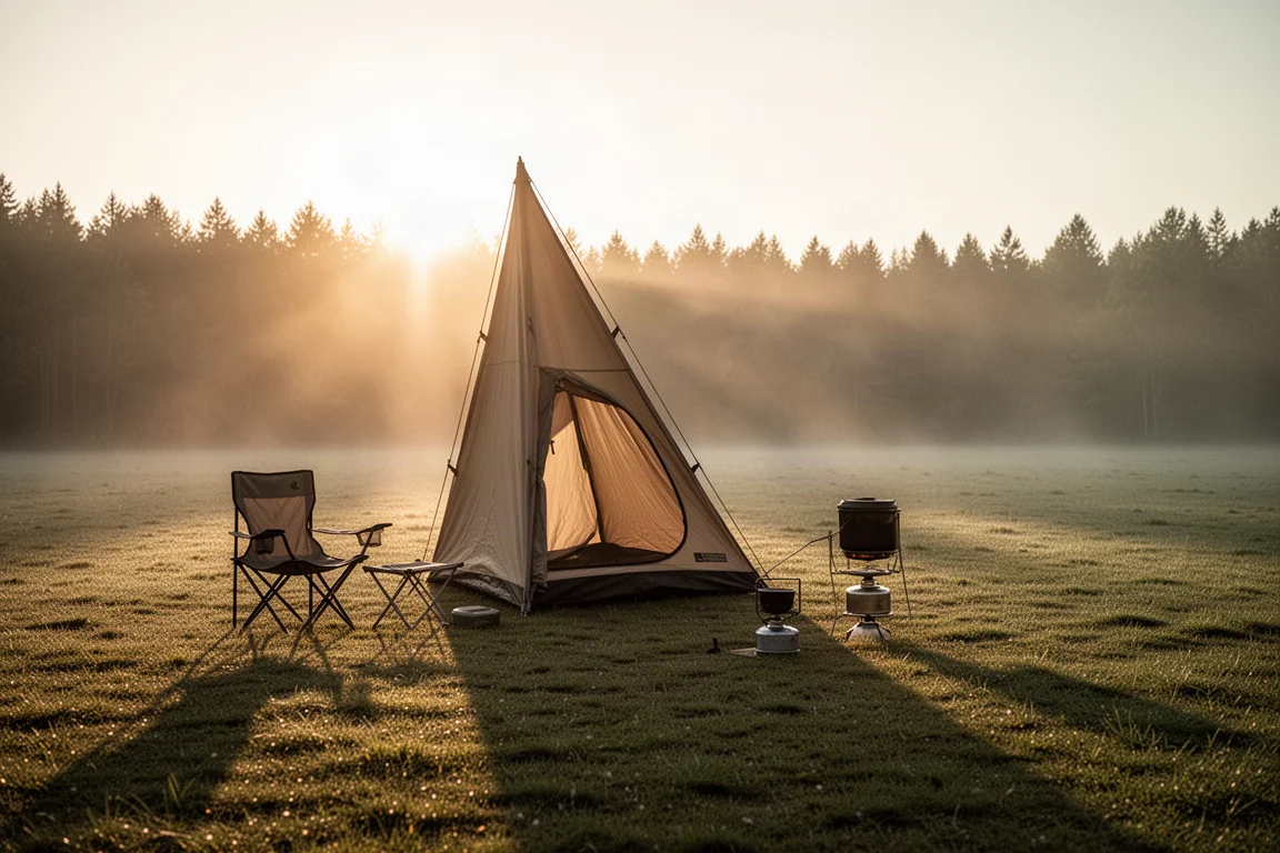 Tall one-person camping tent pitched on grass at dusk with warm light inside