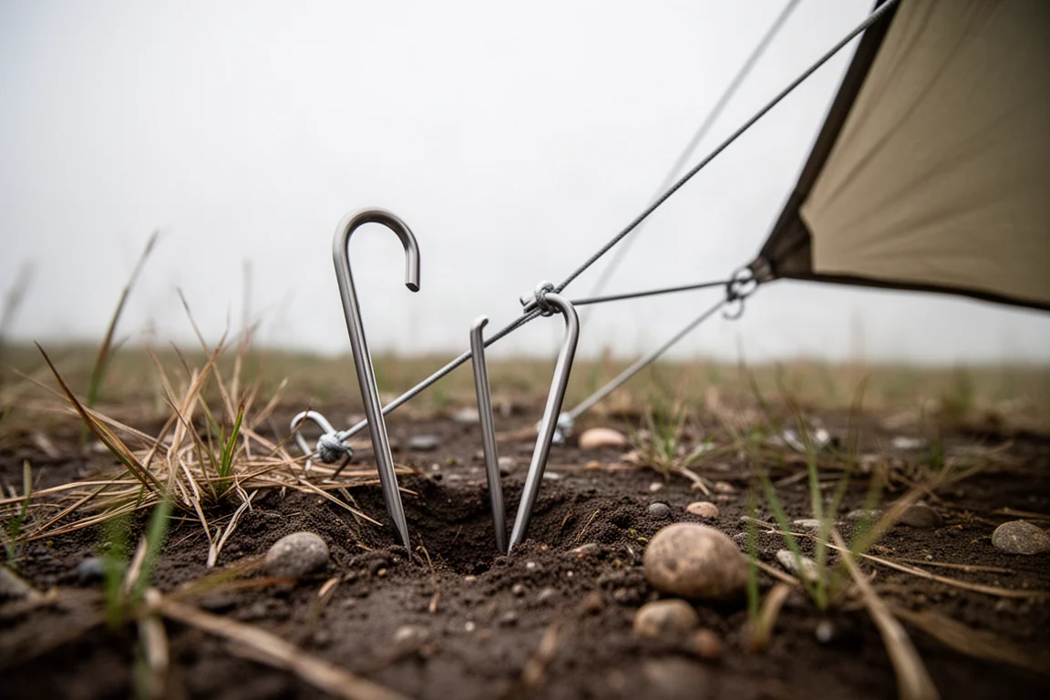 Close-up of tent pole sections and plastic clips joining a frame on a campsite