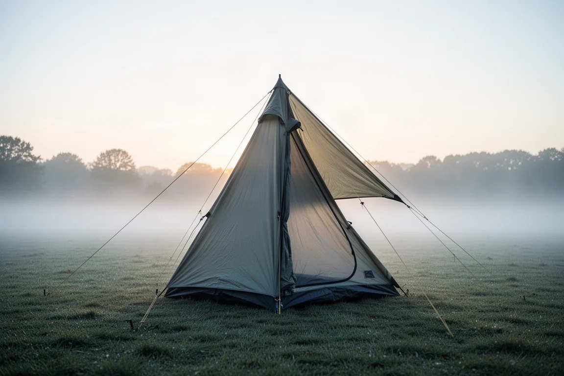 Camping tent guyed out in open ground under a breezy golden evening sky