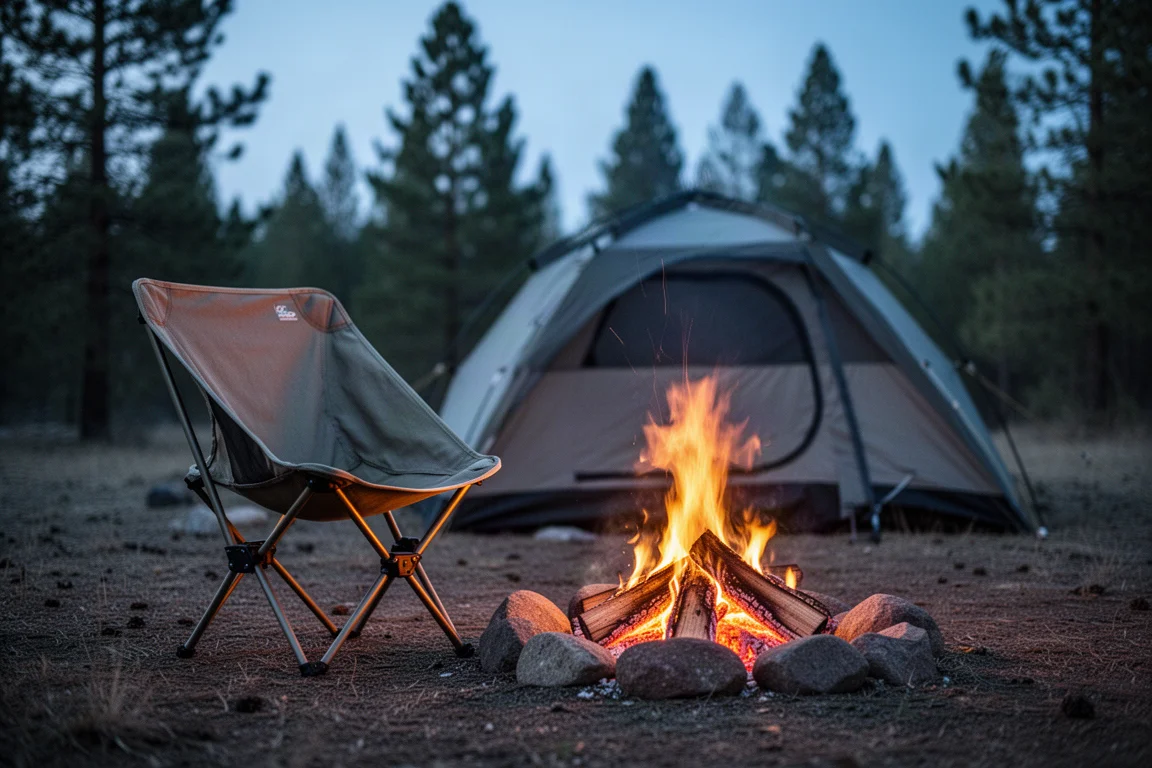 Chaise de camping basse près d'un feu de camp au crépuscule avec une tente en arrière-plan