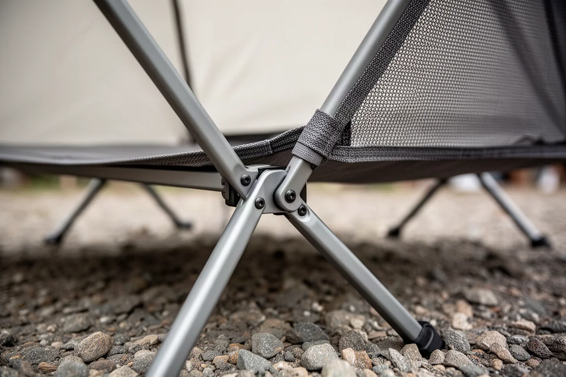 Gros plan sur les jonctions du cadre en acier et le tissu en mesh d'une chaise de camping pliante