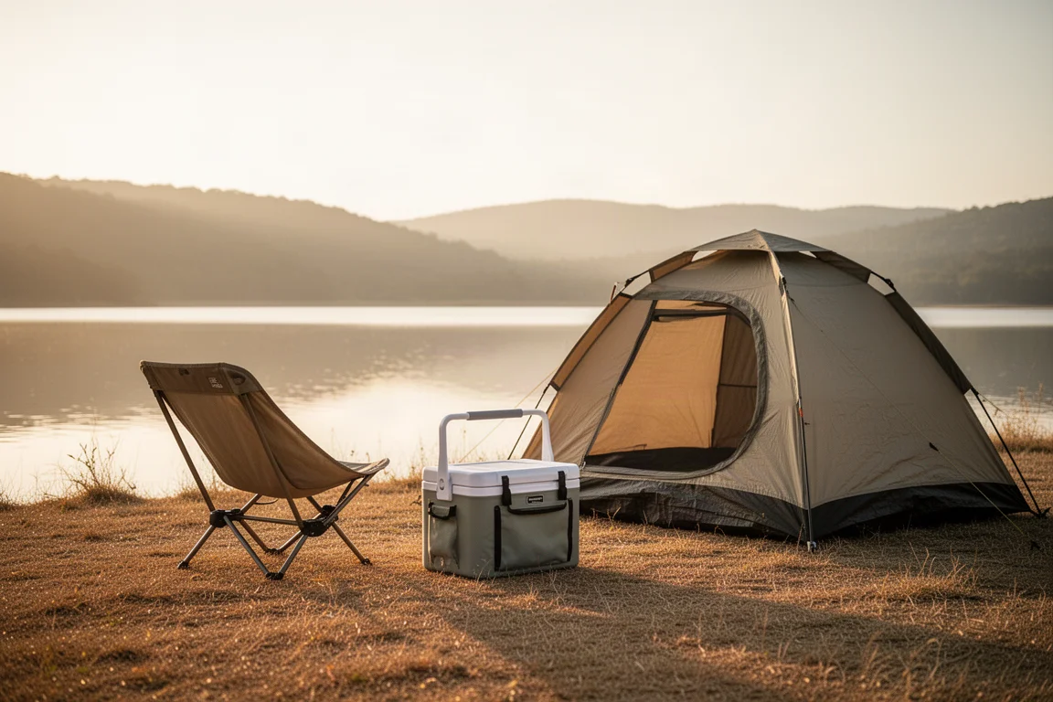 Terrain de camping à l'heure dorée avec tente, chaise basse et glacière sur l'herbe