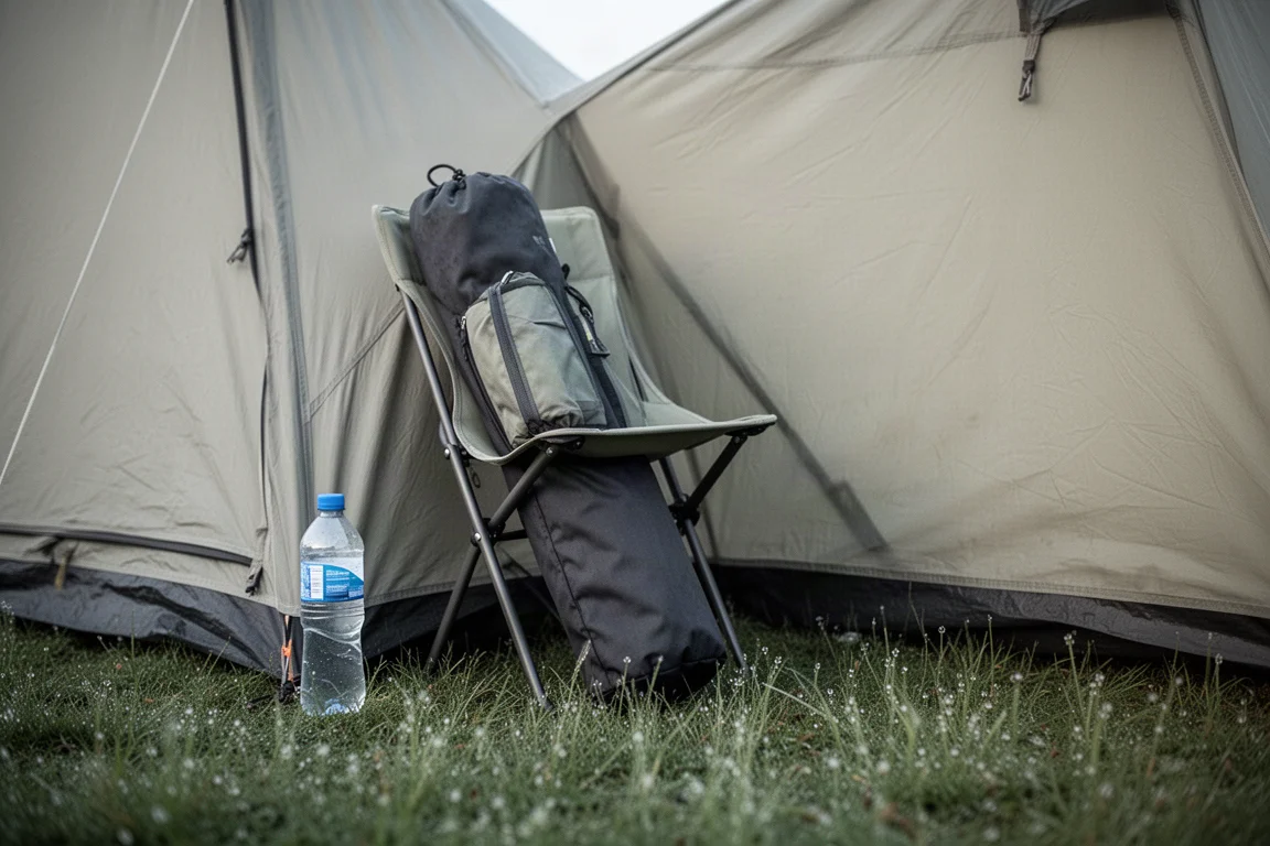 Chaise de camping rangée dans sa housse, appuyée contre une tente au matin
