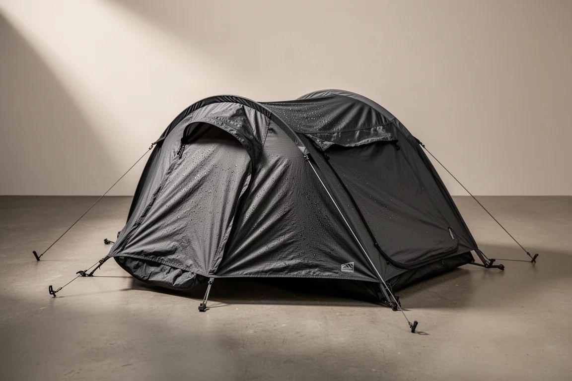 Compact single-person bivy shelter with storm flap pitched on a matte concrete surface