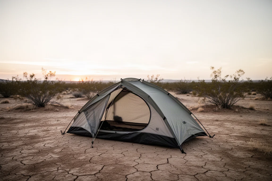 Low-profile bivy shelter pitched on dry cracked earth under a pale evening sky