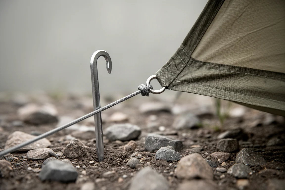 Close-up of tent stake and guy line tensioned on stony ground beside shelter fabric