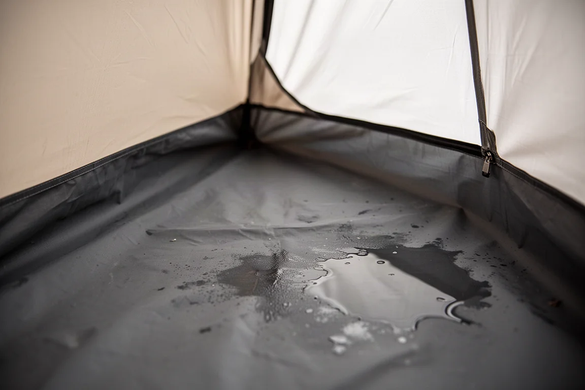 Interior floor of a bivy shelter with pooled rainwater collecting in one corner
