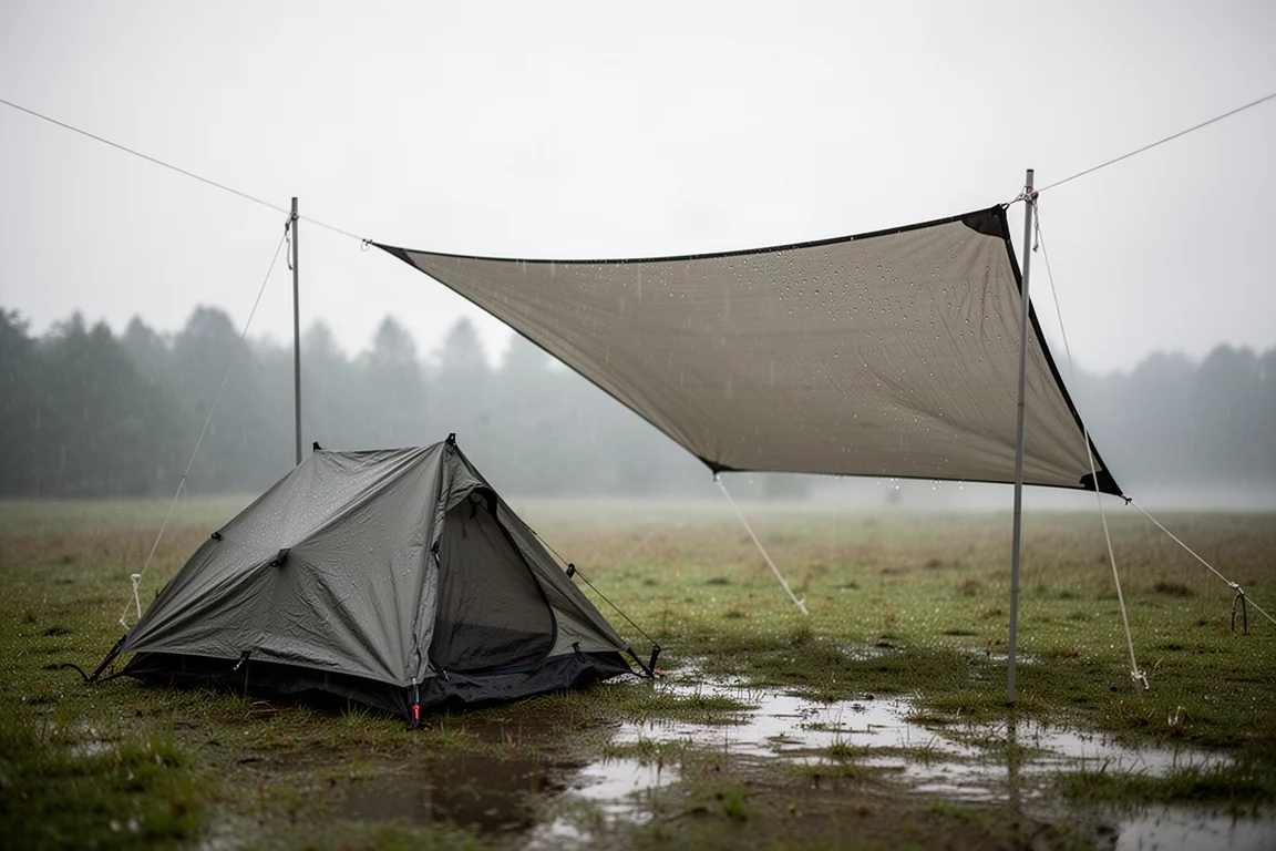 Bivy shelter and tarp set up on wet grass after heavy overnight rain